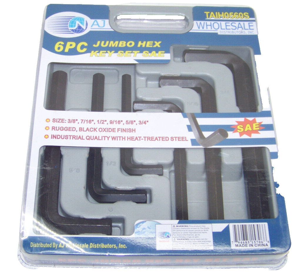 Hex Key Allen Wrench 6 Piece Set Jumbo SAE 3/8" 7/16" 1/2" 9/16" 5/8" 3/4" gallery