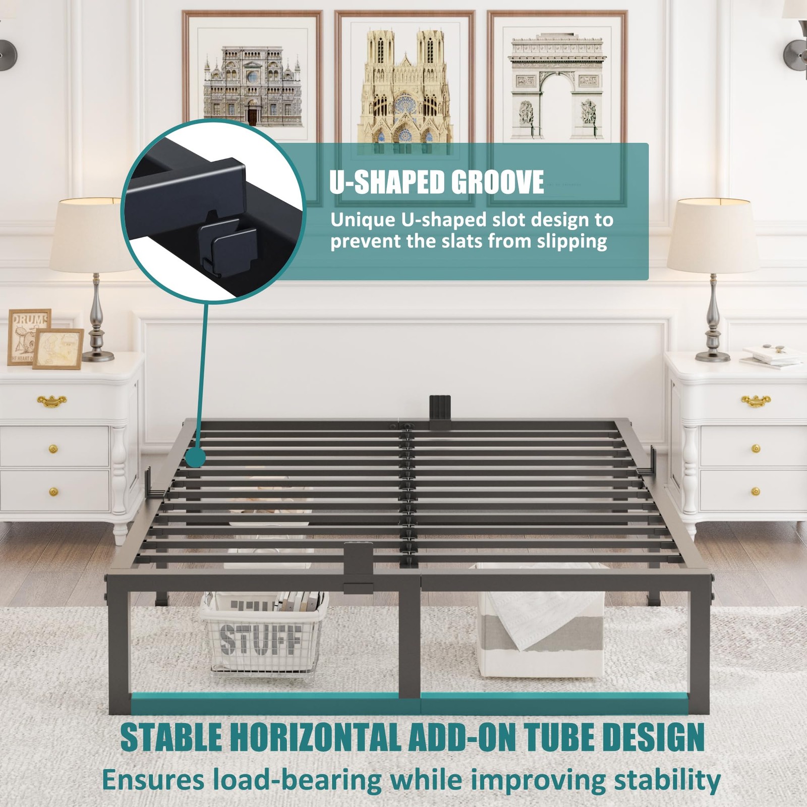 14 Inch Queen Bed Frame 3500 lbs Heavy Duty Metal Platform, Steel Slats gallery