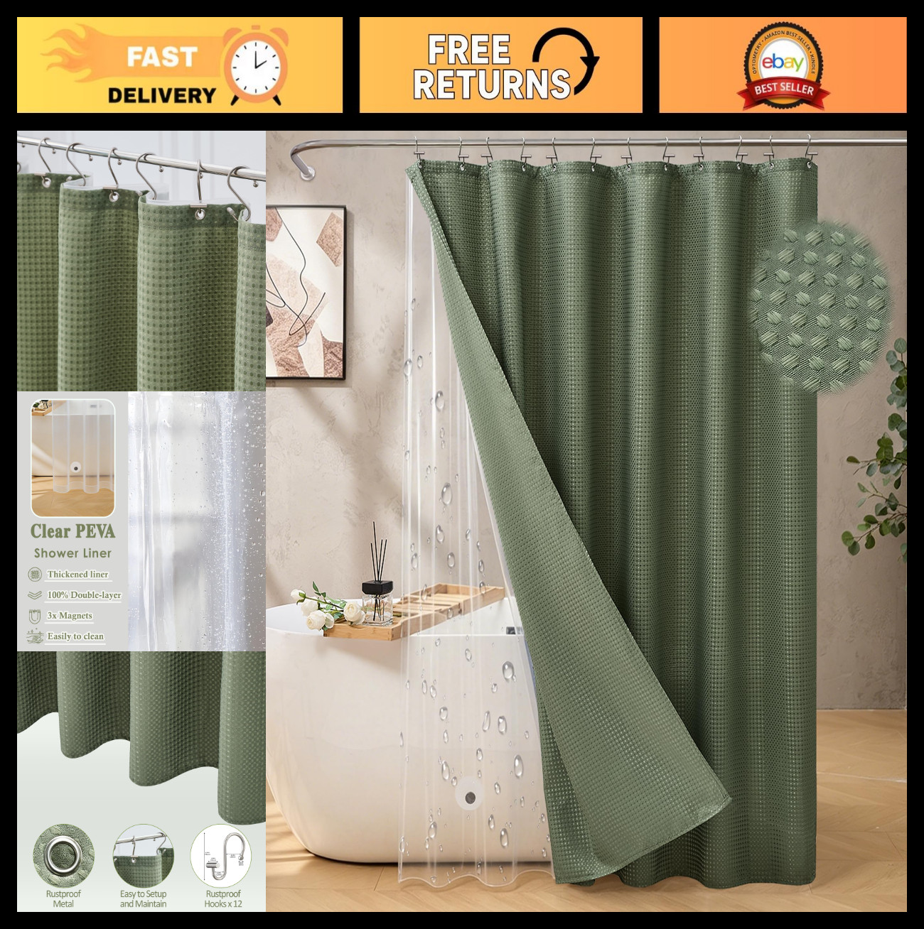 3-in-1 Waffle Weave Shower Curtain Set, 180GSM Waterproof Liner, 12 Hooks, Sage gallery