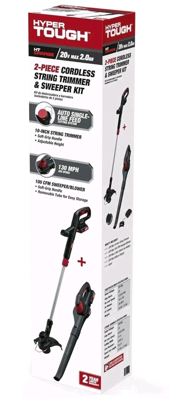Hyper Tough 20V Cordless Trimmer & Sweeper Combo Kit 10" 130MPH NEW gallery