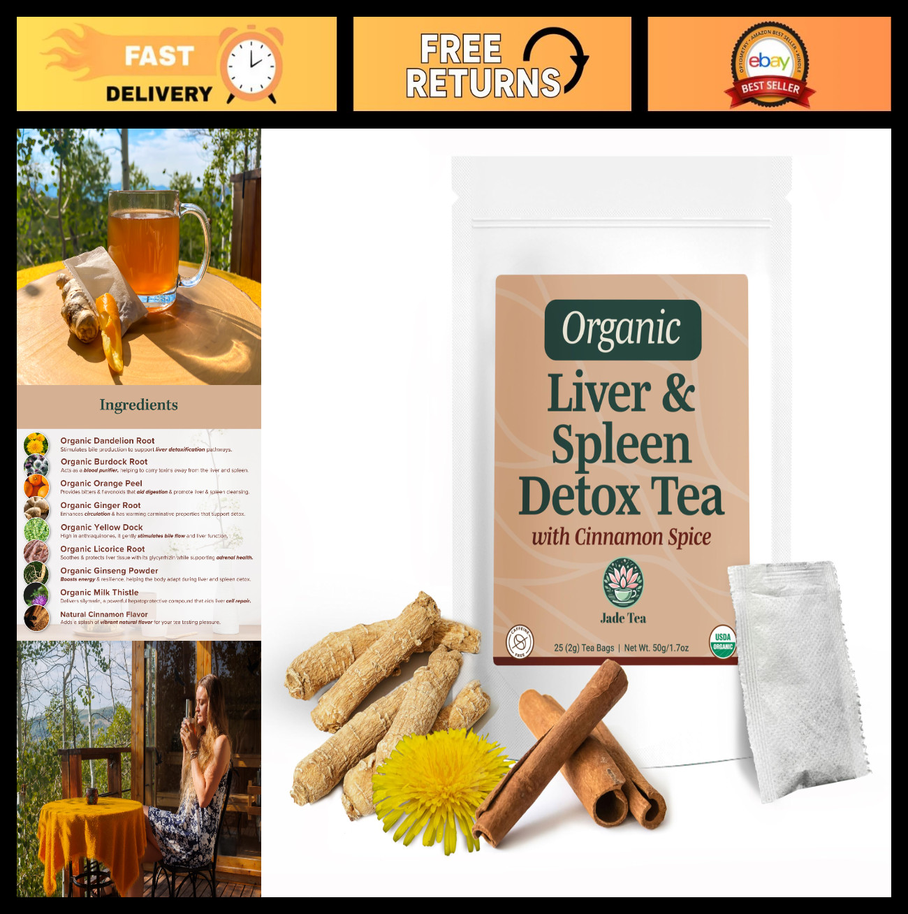 Organic Dandelion Root Tea for Liver Detox - Burdock, Ginger, Orange Peel - Supp gallery