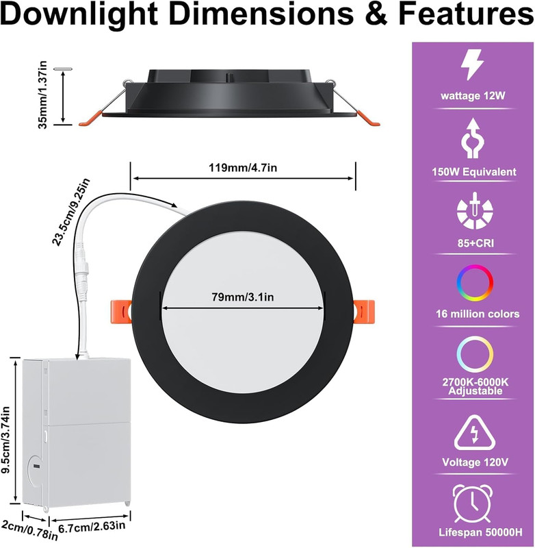 12Pack Smart 4" RGBWW Dimmable Recessed Lighting, Alexa Compatible, 1080Lm gallery