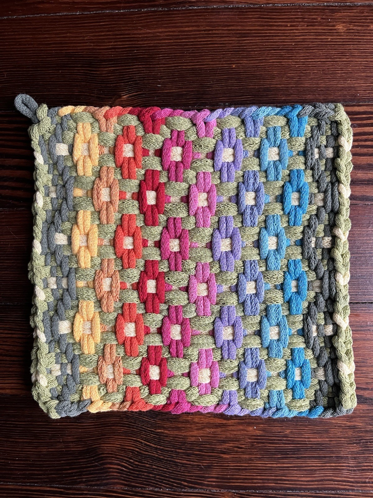 Handmade Woven Loomed Potholder Hot Pad Trivet Spring Décor Cotton Flowers Loom gallery