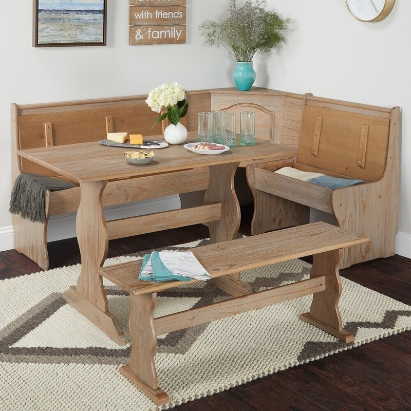 3-Piece Kitchen Breakfast Set Solid Pine w/ Dining Table Bench Nook Natural gallery