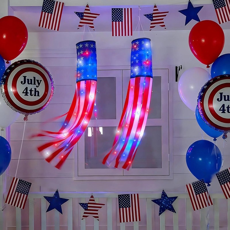 2 Pack 50 Inch Large American Flag Windsock with Lights 4Th of July Decorations, gallery