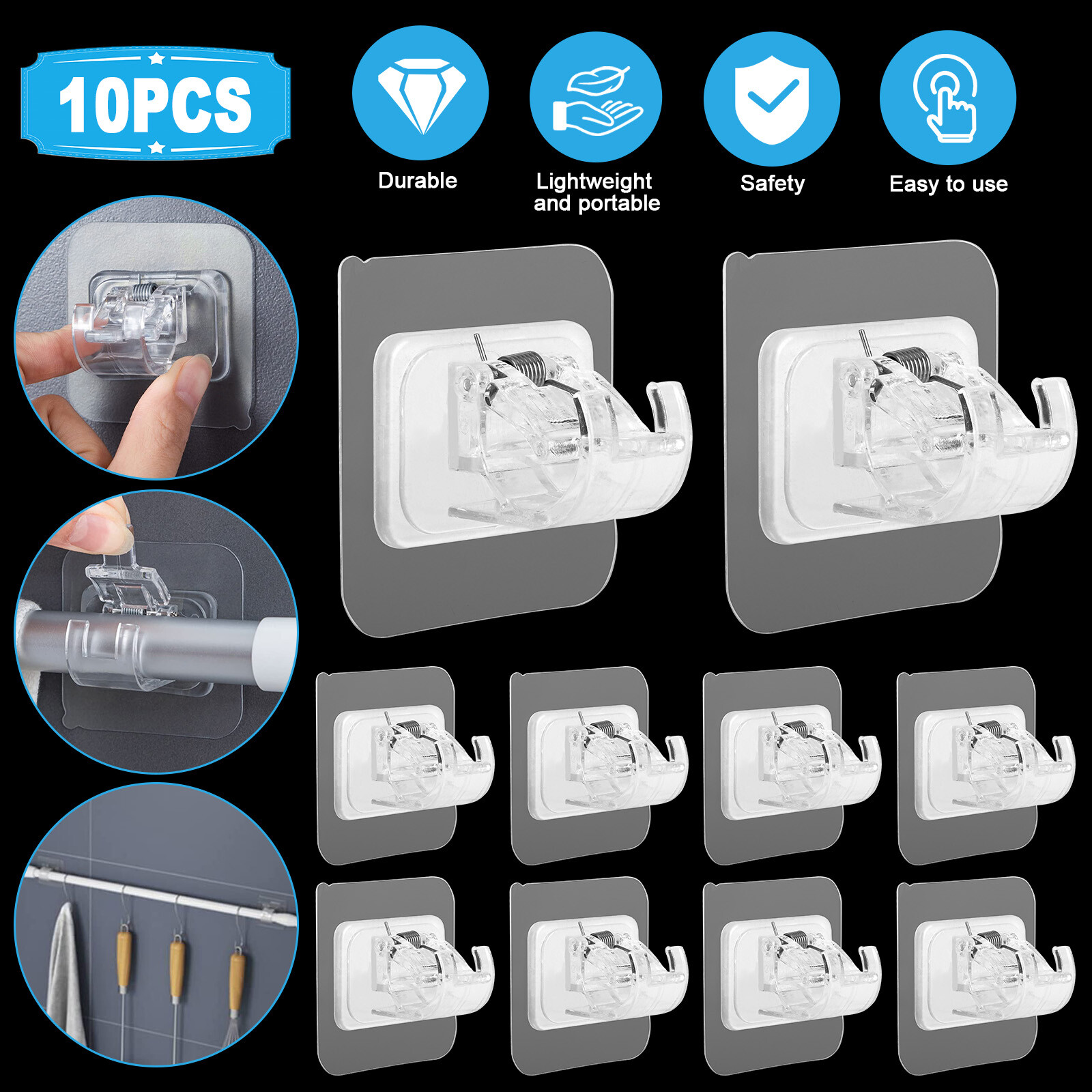 10PCS Nail Free Adjustable Curtain Rod Clip Brackets Self Adhesive Holder Hooks gallery