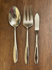 Oneida Mooncrest 3 Pc Serving Set Glossy Slotted Spoon Meat Fork Master Butter