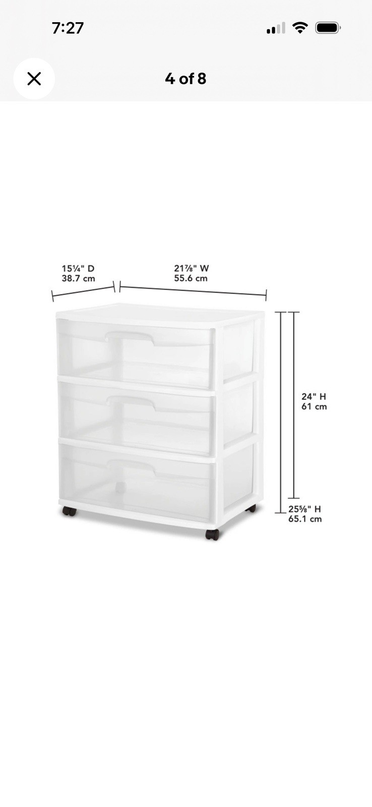 White Plastic 3-Drawer Wheeled Storage Unit 21.88"W x 15.25"D x 24"H gallery