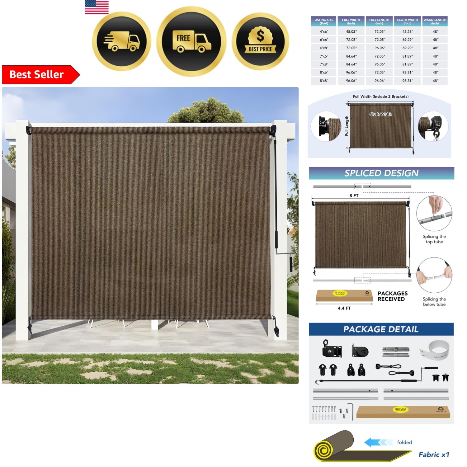 Outdoor Roller Shade Sun Blocker UV Protection Patio Porch Gazebo Mocha 8ft gallery