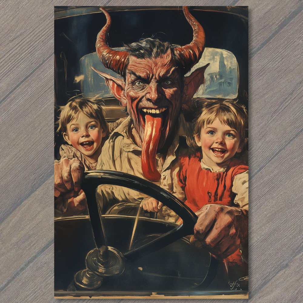 Art Print Devil Driving Family Fun Chaos Humor Children Artwork Retro Scene gallery