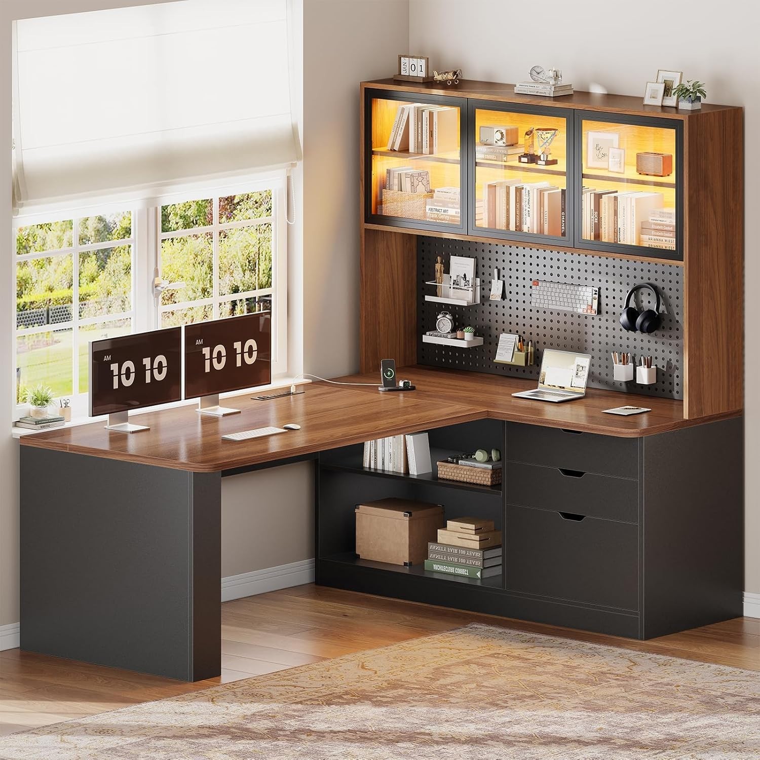 L Shaped Office Desk, Corner Computer Desk with 3 Drawers, Bookshelf & LED Light gallery