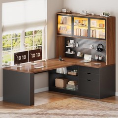 L Shaped Office Desk, Corner Computer Desk with 3 Drawers, Bookshelf & LED Light
