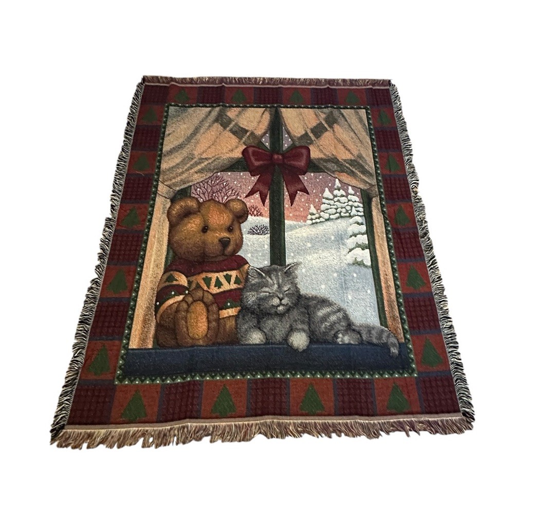American Weavers Christmas Tapestry Throw Teddy Bear Cat Winter Scene EUC! gallery