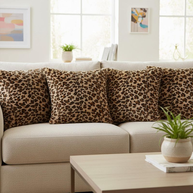 Faylapa 4 Pack Soft Plush Leopard Print Pillow Covers,Animal Theme Print Faux Fu gallery