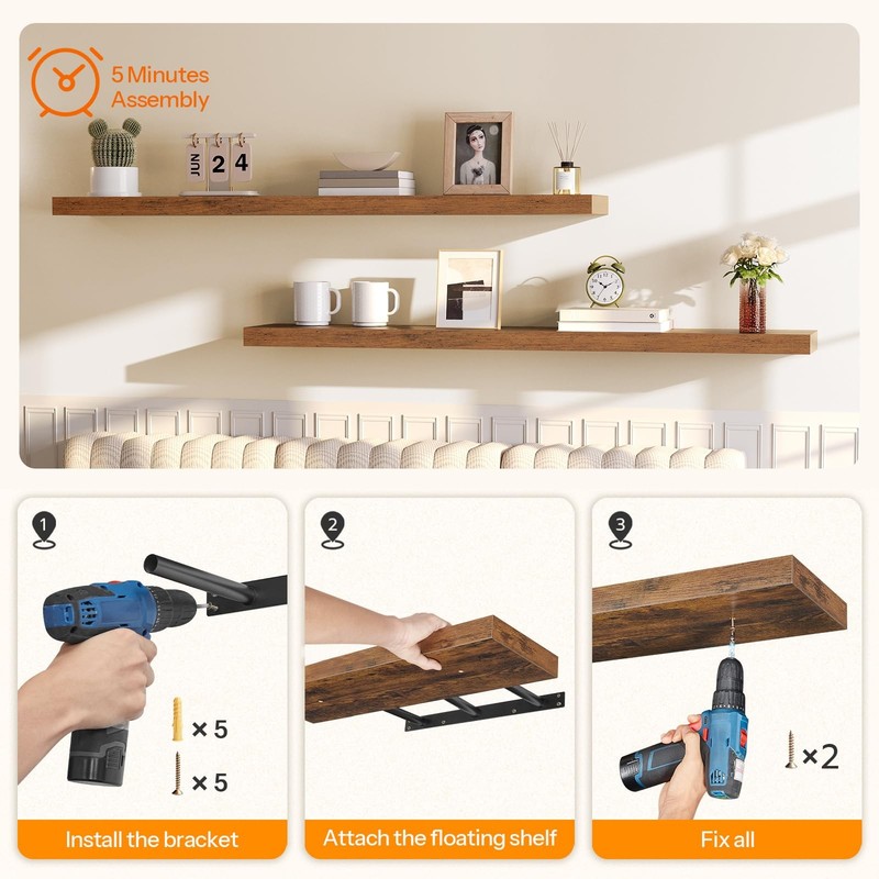 Floating Shelves for Wall, Wall Mounted Shelf Set of 2, 55" Hanging Shelf wit gallery
