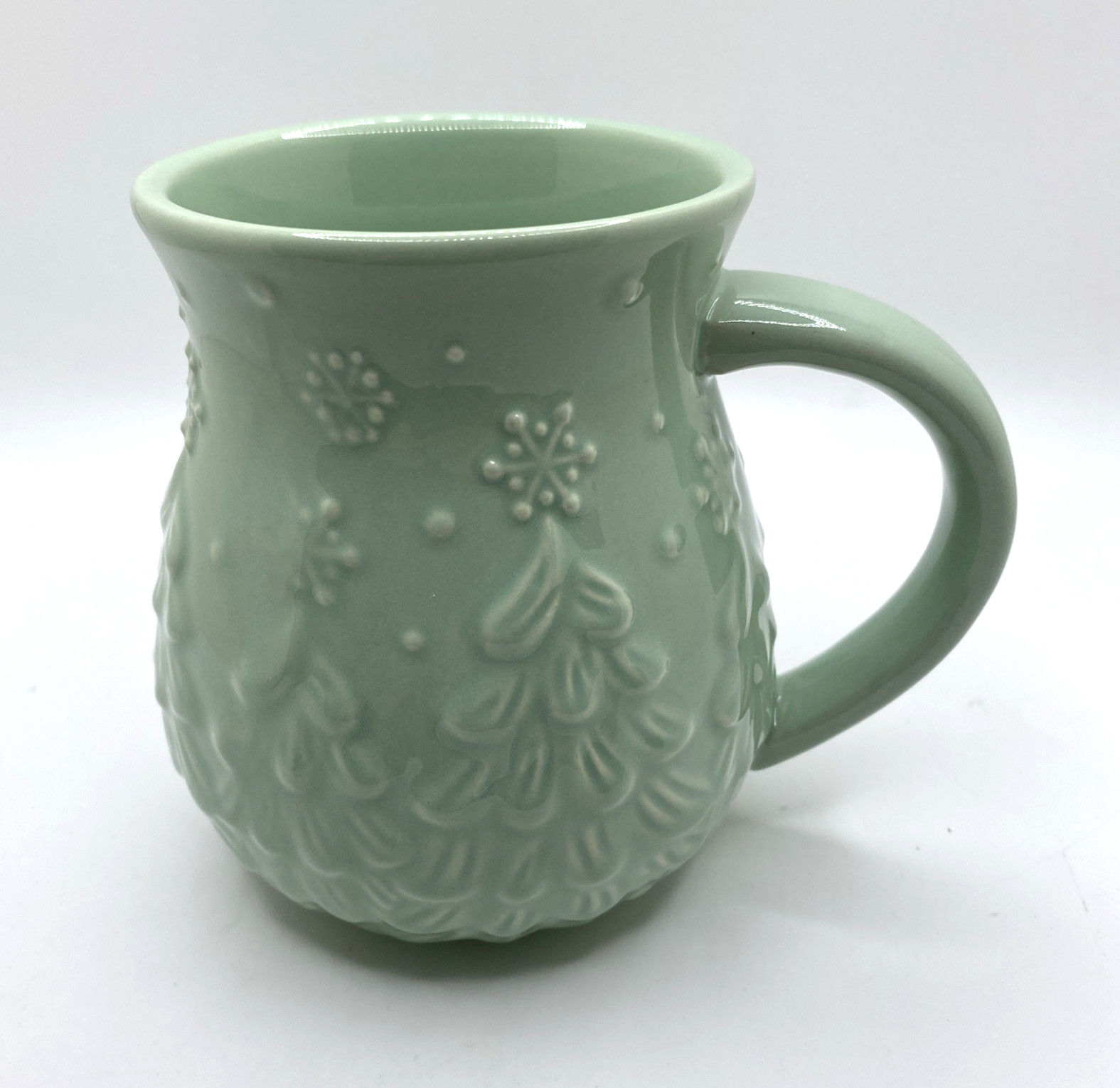 Temptations Embossed Christmas Trees Snowflakes Light Green Ceramic Coffee Mug gallery