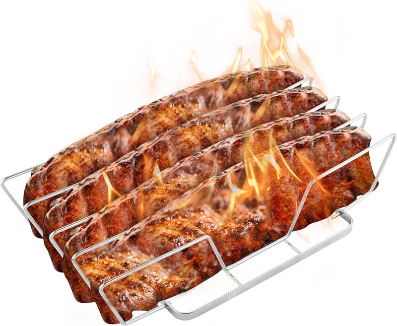 Rib Rack for Smoking – Foldable Extra Long Stainless Steel Rib Holder for 4 Ribs gallery
