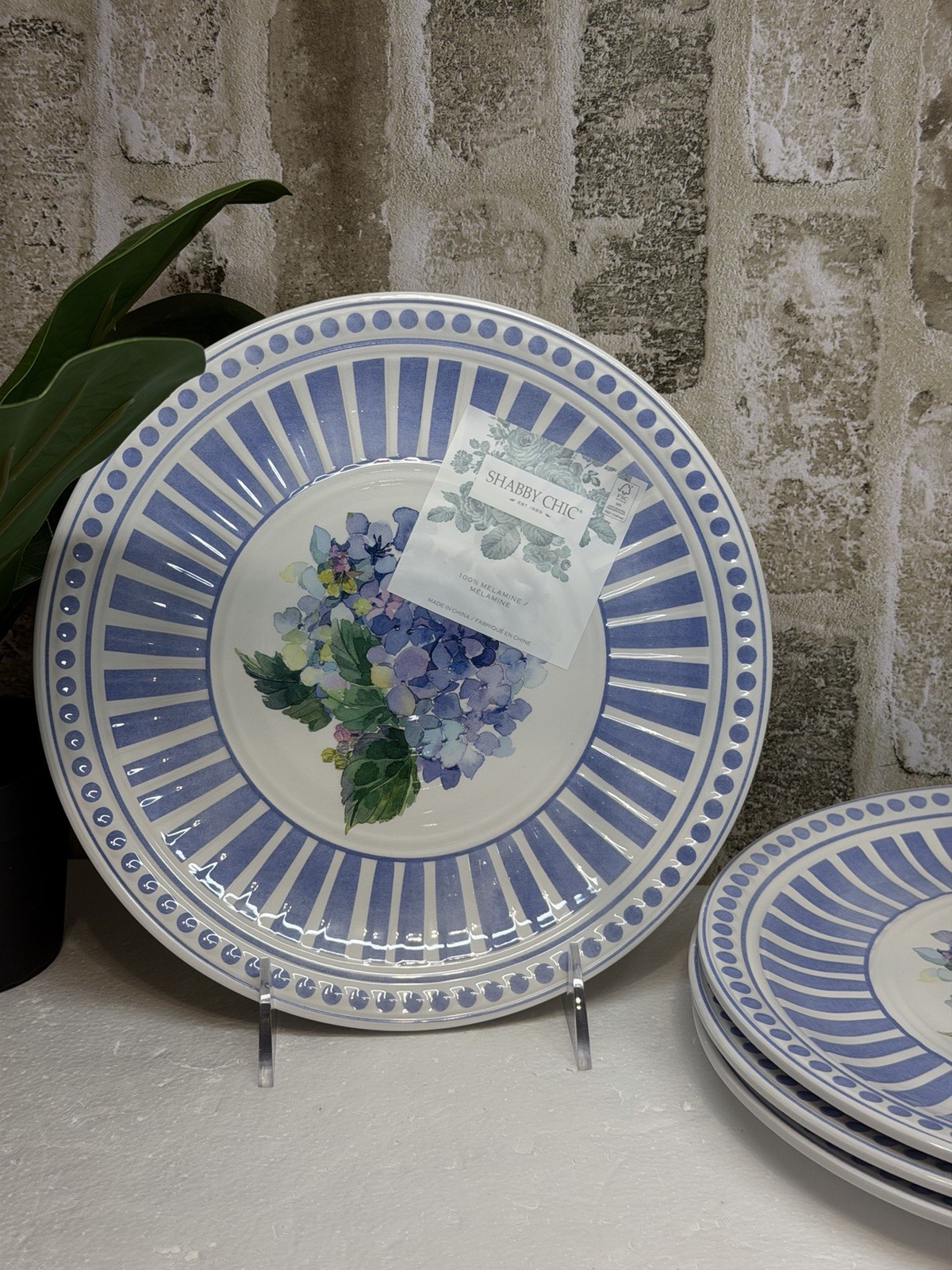 Shabby Chic Purple Hydrangea Stripes Melamine Luncheon Salad Plates Set Of 4 gallery