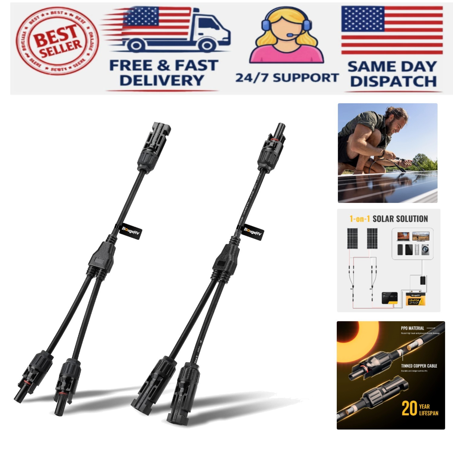 Solar Connectors Y Branch Parallel Adapter Cable Wire Plug Tool Kit for Solar... gallery