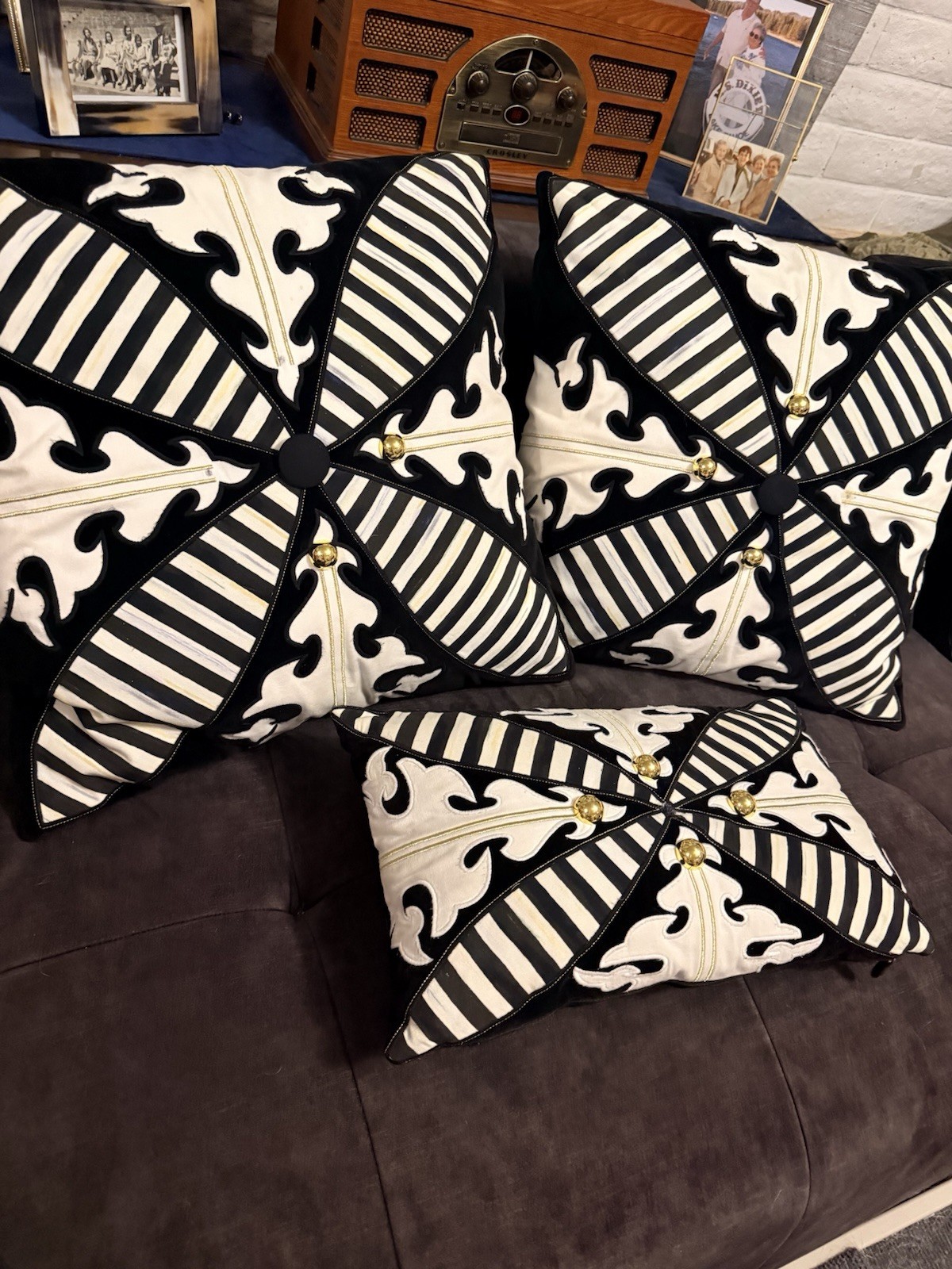 MacKenzie-Childs Regiment 2 Square & 1 Lumbar Pillow Black White & Gold See Pics gallery
