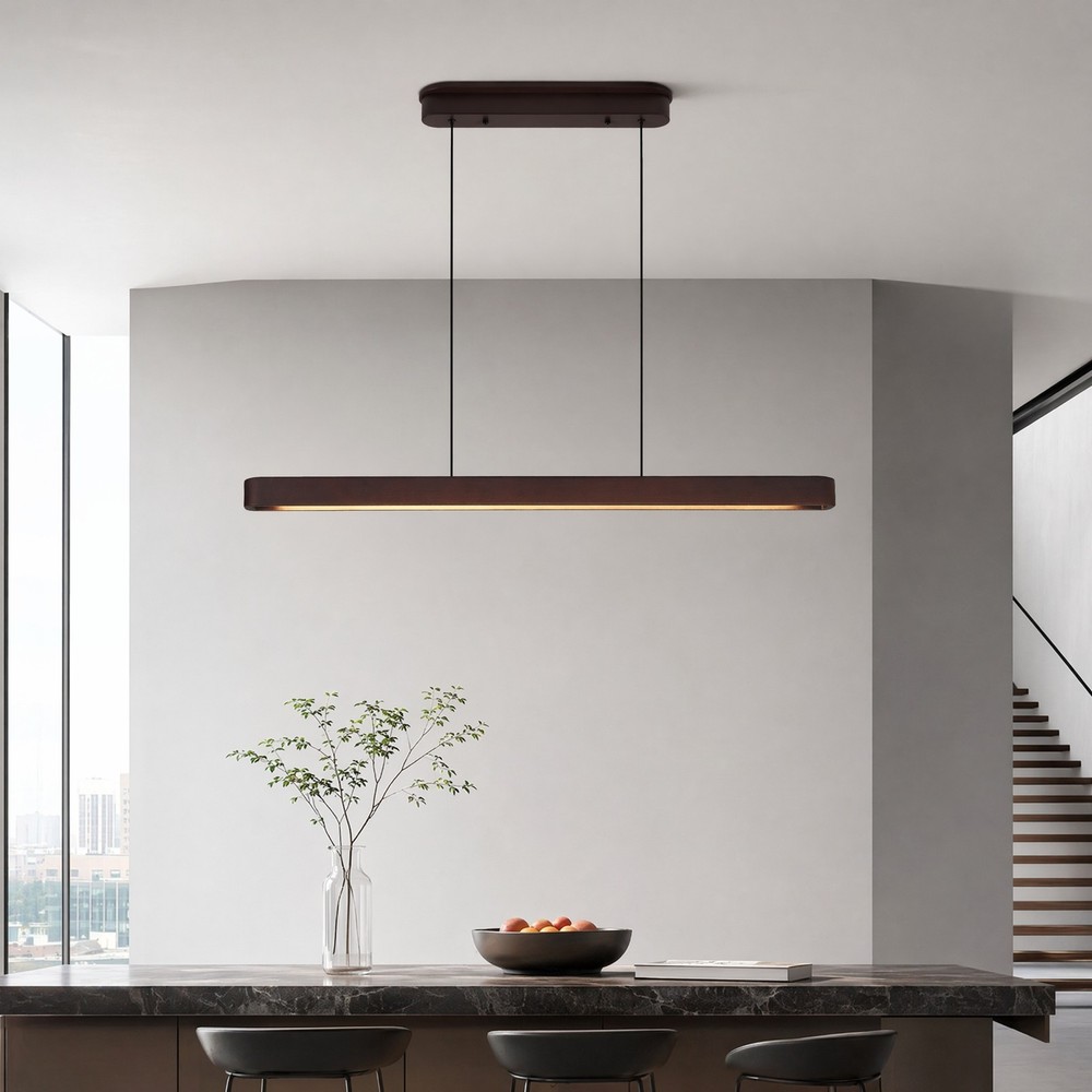 39 in 3CCT Modern Walnut Linear LED Pendant Chandelier Living Room Light Fixture