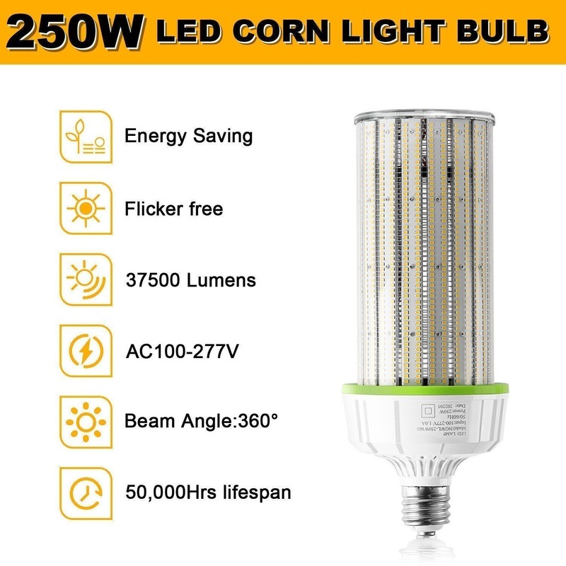 12Pack 250W LED Corn Light Bulb 5000K E39 Base, Warehouse Workshop High Bay Lamp gallery