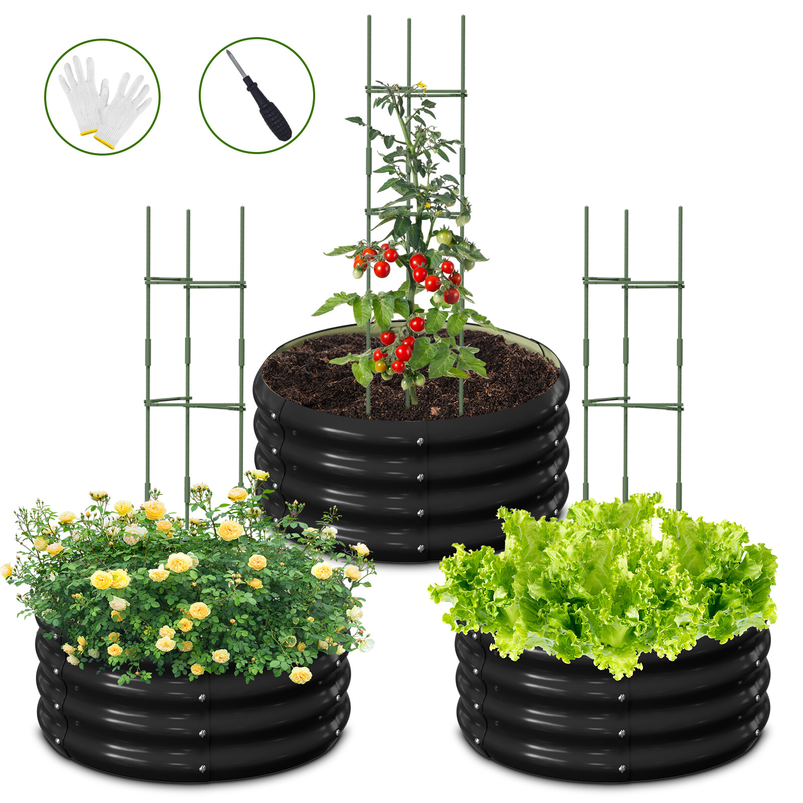 NAIZEA 3 Pcs 24x24x12inch Galvanized Raised Garden Bed with Tomato Cage Black gallery