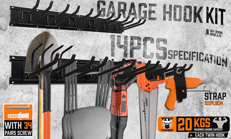 Garage Tool Organization 9pc Double Hooks Holder 64" Utility Rack Wall Mount gallery