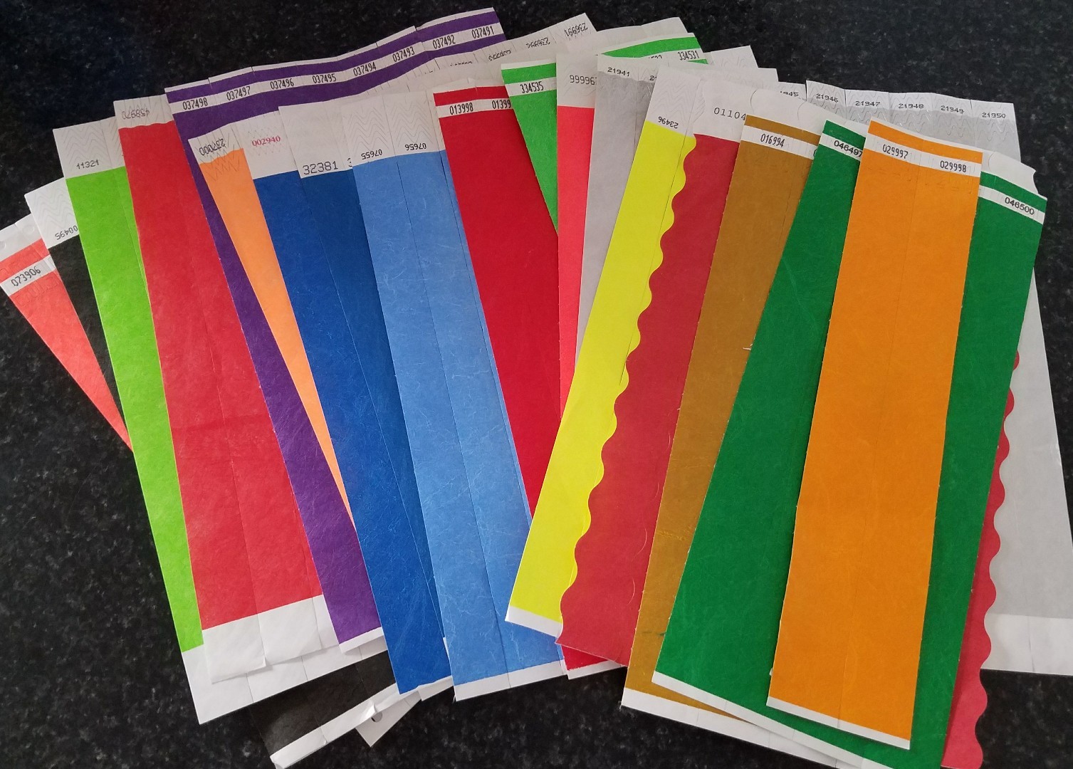 100 3/4" RANDOM ASSORTED TYVEK WRISTBANDS, PAPER WRISTBANDS, FREE SHIP IN USA gallery
