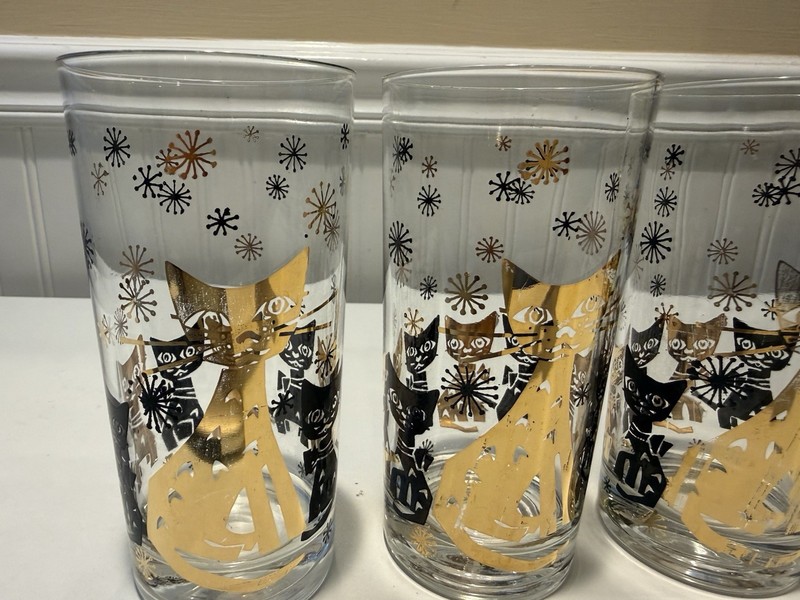 *4* MCM ATOMIC GOLD LEAF & BLACK STYLIZED CATS*KITTENS*STARS HIGHBALL GLASSES gallery