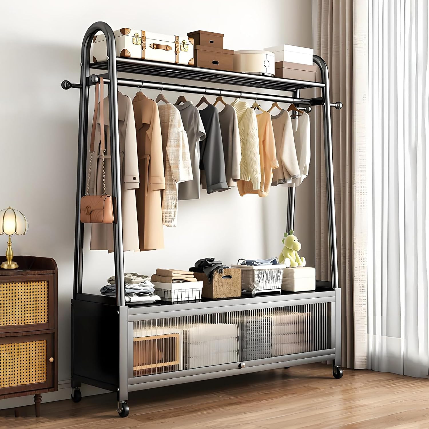 Portable Freestanding Clothes Rack with Storage Cabinet & Wheels - Black gallery