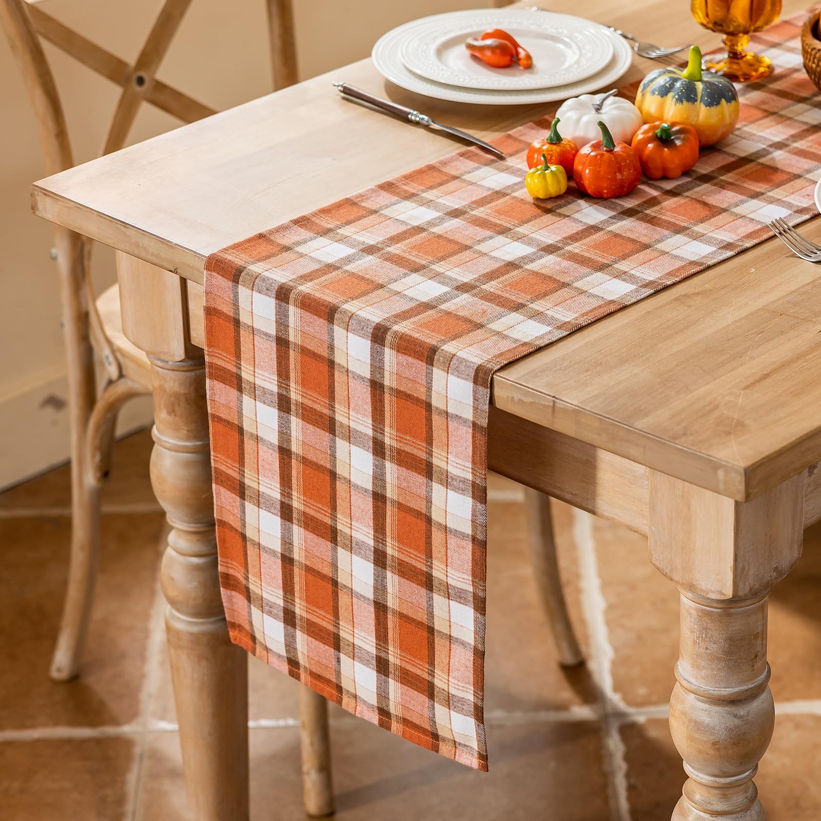 Thanksgiving Rust Tartan Table Runner - 13x48 Inch Fall Halloween Decor, Scr... gallery