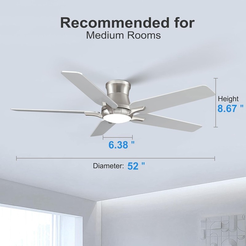 52 Inch Ceiling Fan with Lights Remote Brushed Nickel Flush Mount 6 Speeds gallery