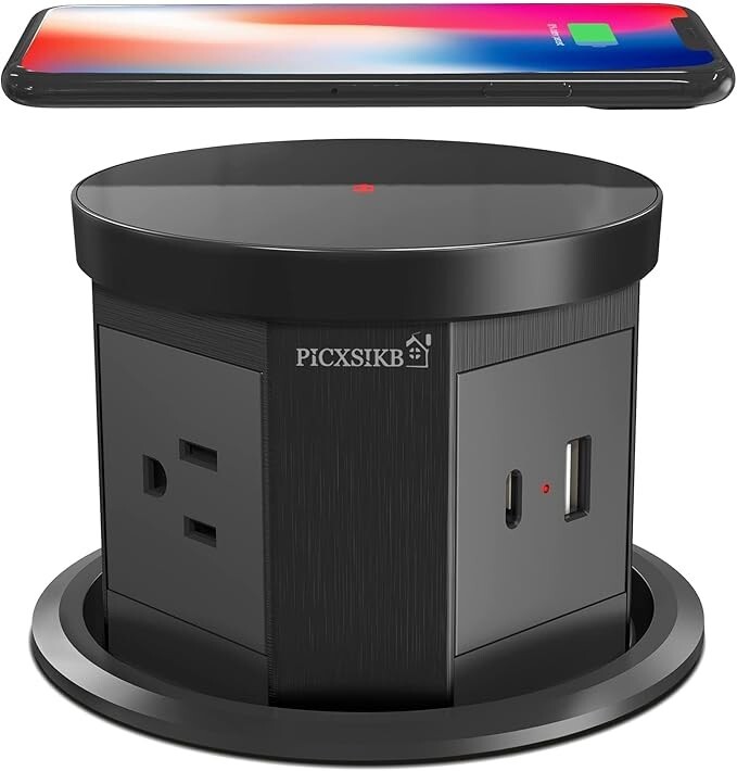 Automatic Pop Up Outlet, 4.33 inch with 15W Wireless Charger 3 AC Plug USB gallery