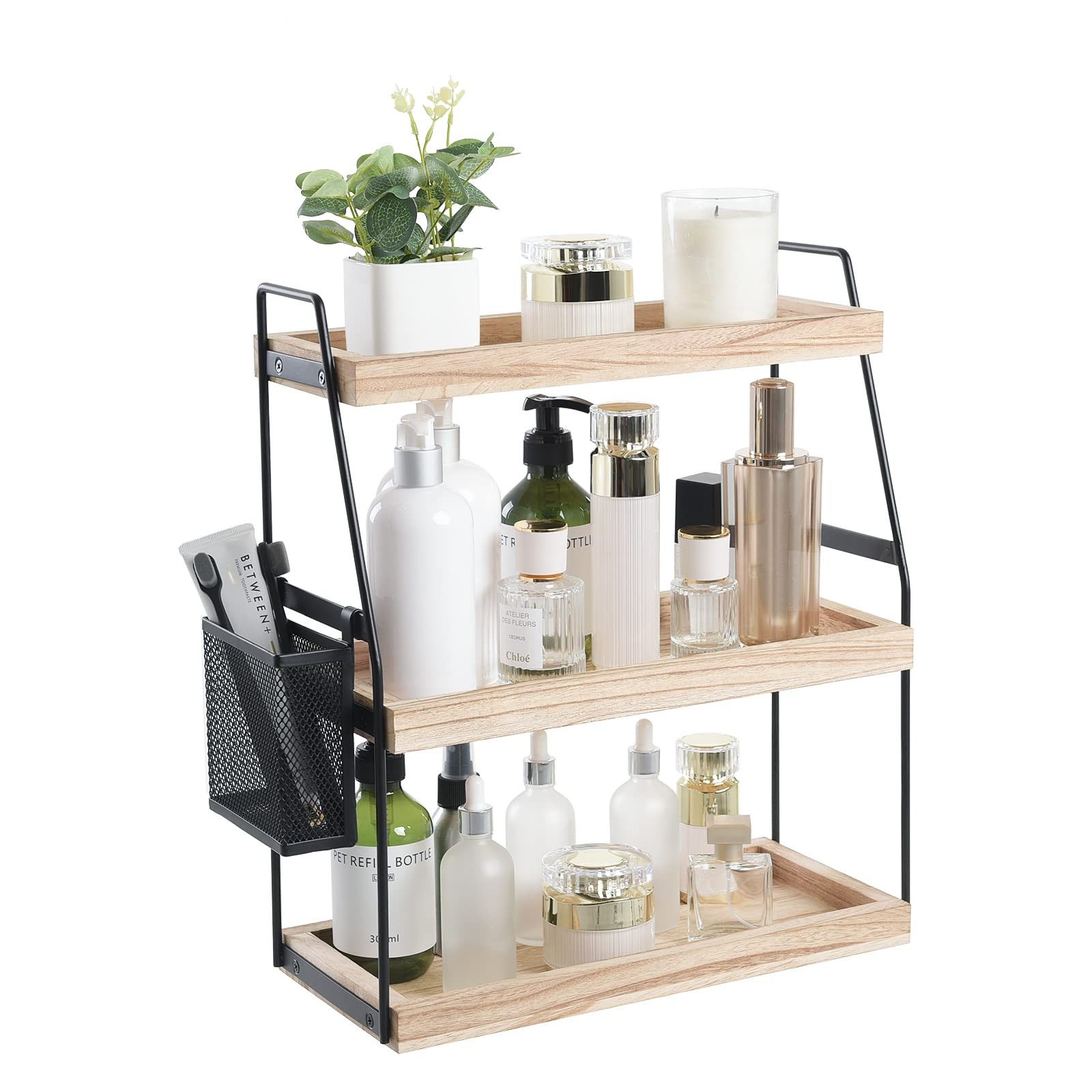 Bathroom Organizer Countertop 3tier Standing Counter Shelf With Basket Wood Tray gallery