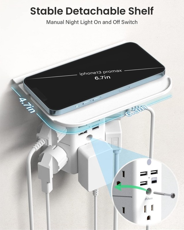 Wall Outlet Extender Surge Protector 9 in 1 USB C Shelf Night Light Power Strip gallery