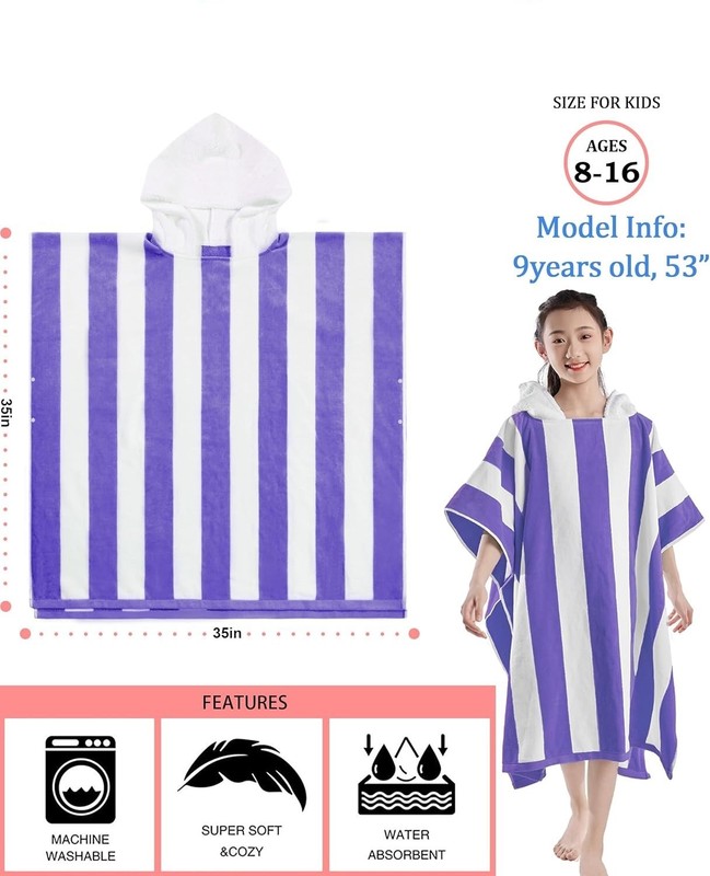 Pure Cotton Super Soft and Quick Dry Striped Poncho Robe Kids Beach Towels gallery