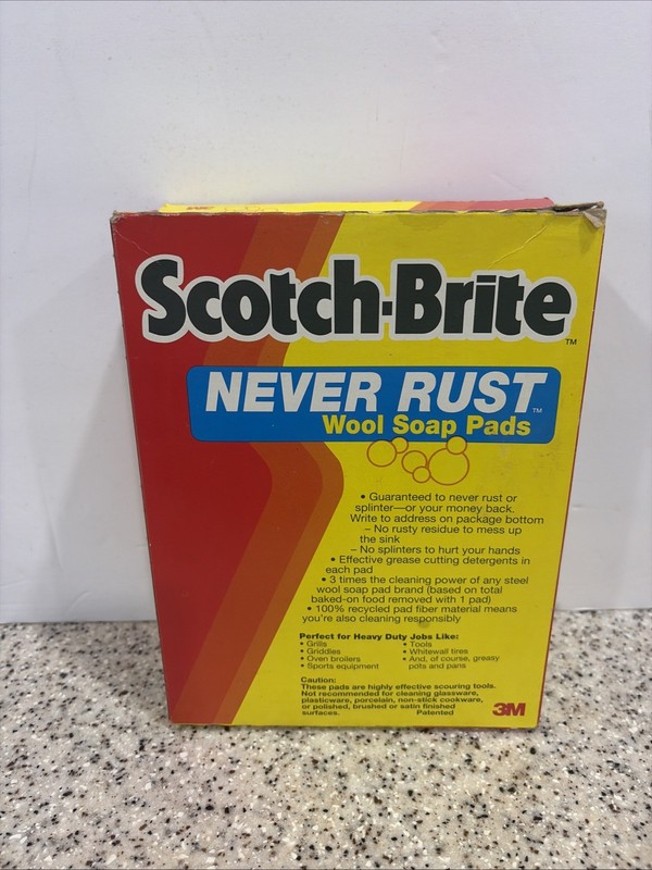 Vintage 3M Scotch-Brite Never Rust Wool Soap Pads 1993 Box of 14 soap pads gallery