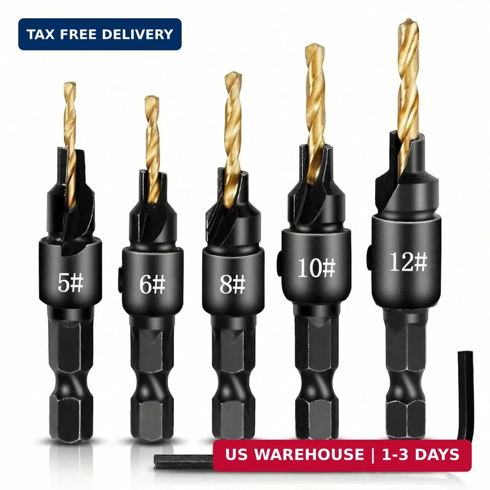 5 PCS Countersink Drill Bit Set, #5, #6, #8, #10, #12, High-Speed Steel Counter