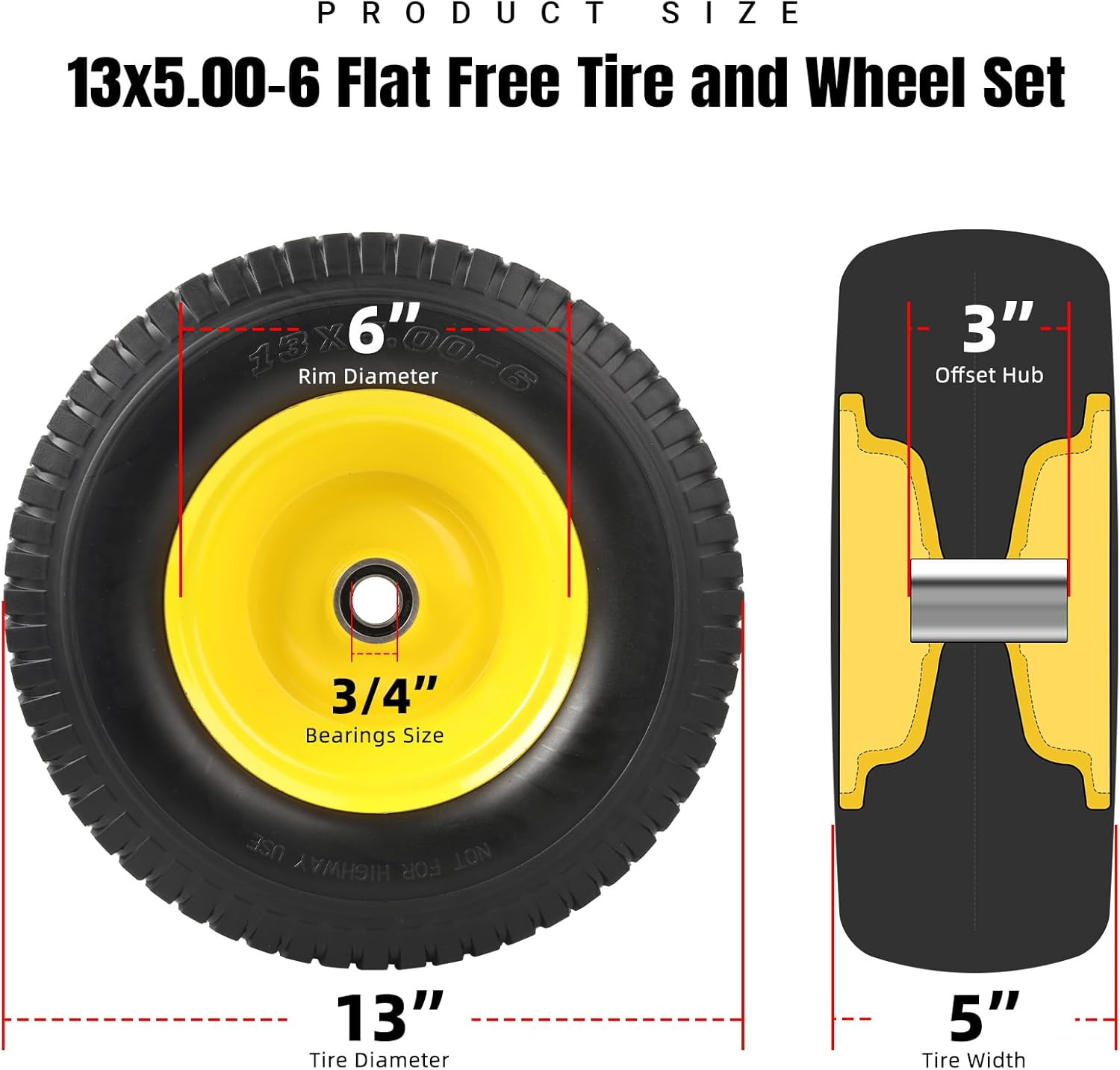 (2 Pack) 13X5.00-6 Flat Free Front Tire and Wheel Assembly, Solid Riding Lawn Mo gallery