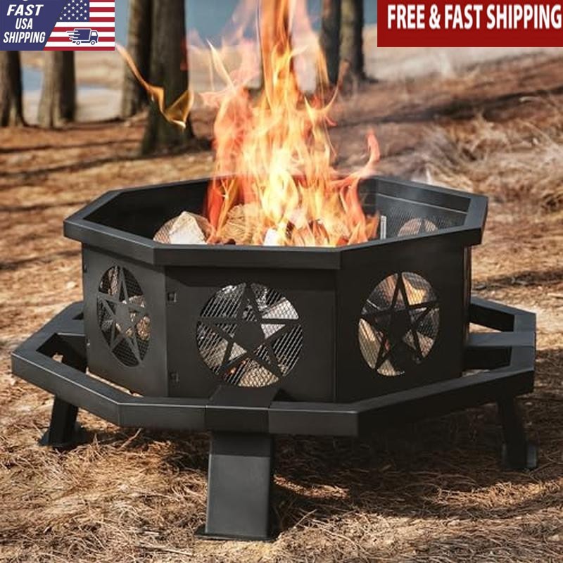 35 in Octagonal Fire Pit Outdoor Fire Pit Wood Burning Fire Pits w/Cooking Grill gallery