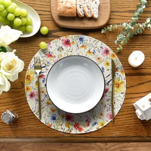 Daisy Lavender Floral Leaves Spring Round Placemats Set 14", Round 4 Pcs Beige gallery