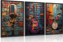 3Pcs Graffiti Musical Instruments Canvas Wall Art Cool Music Theme Posters Pr…