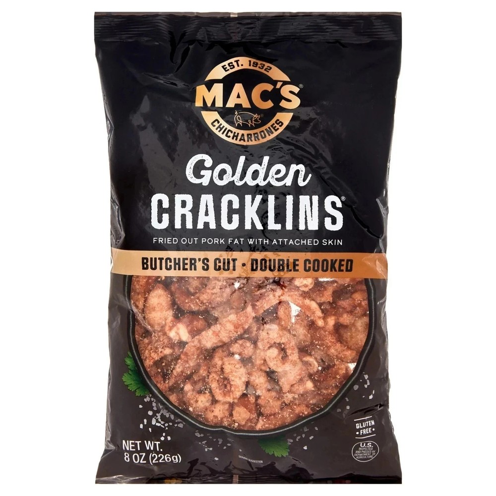 Mac's Chicharrones Golden Pork Cracklins, Fried Pork Fat with Skin, 8 oz Bag,,