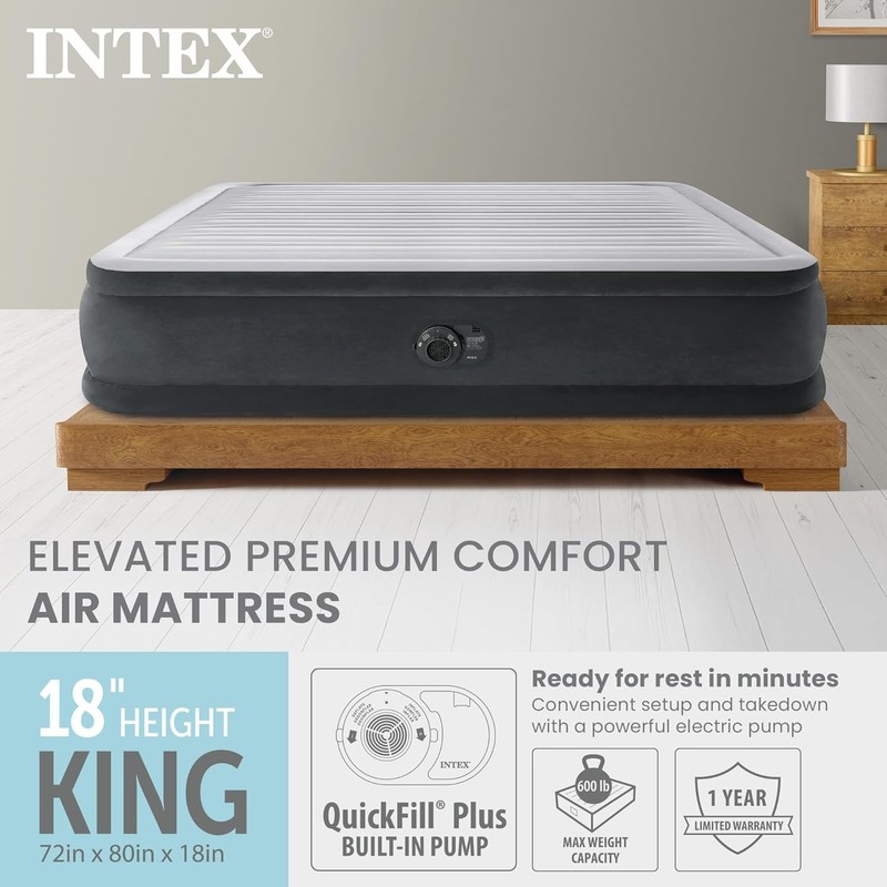Intex 18" 64409ST Inflatable Elevated Premium Airbed with Built-In Pump, King gallery