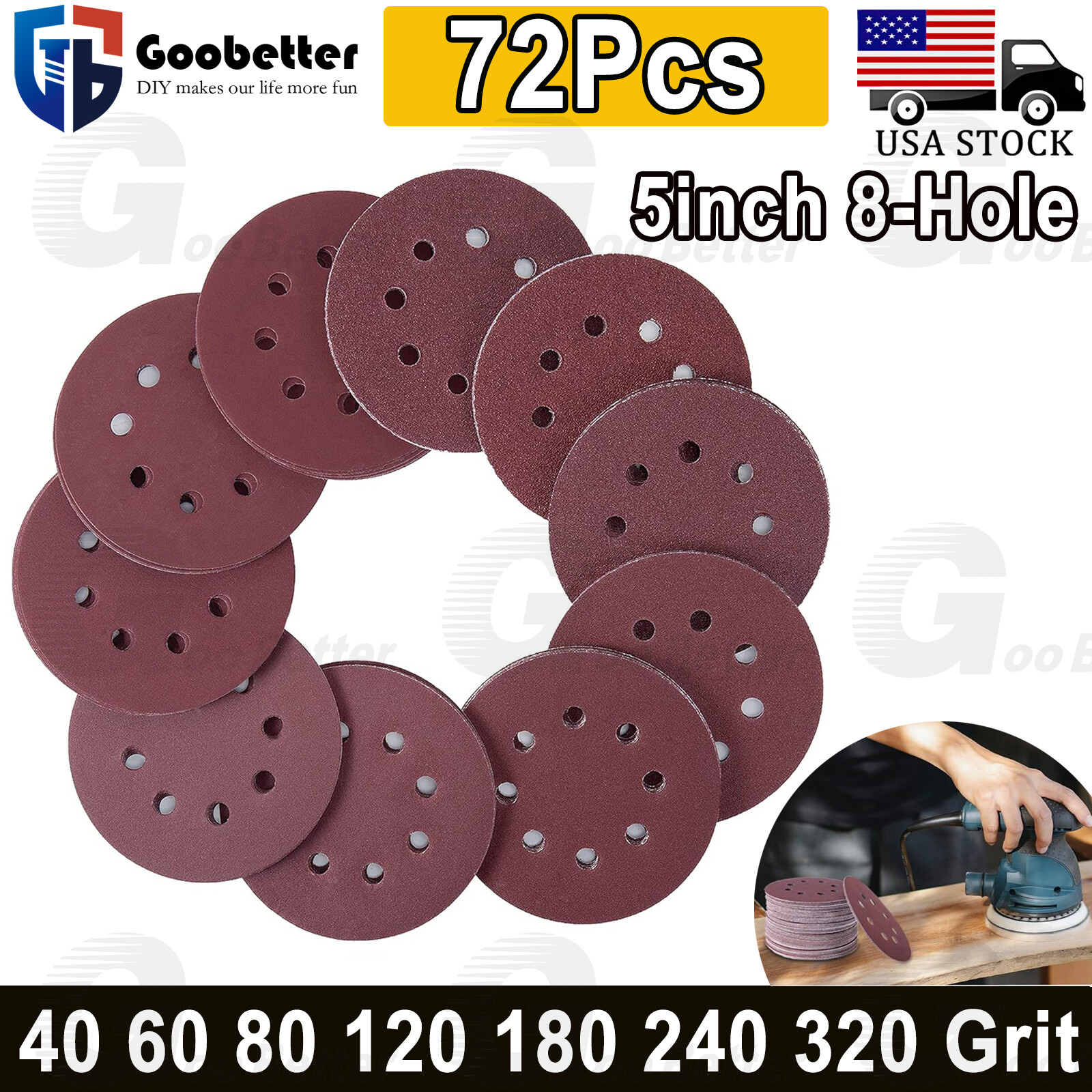 72pc 5in 8 Hole Mixed Sander Sanding Disc Pads Hook & Loop Sandpaper 40-300 Grit gallery