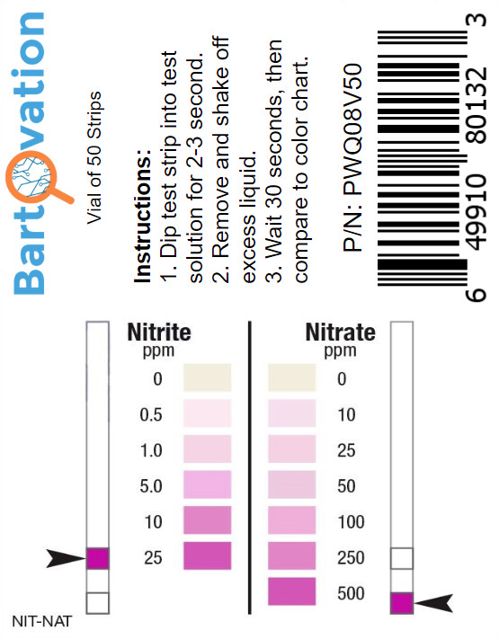 Nitrite 0-25 ppm, Nitrate 0-500 ppm Two Pad Test Strip [Vial of 50 Strips] gallery