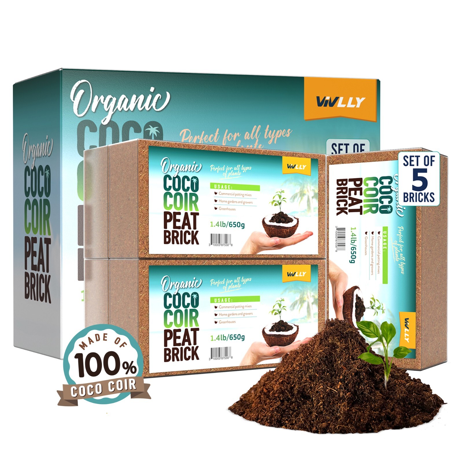 Coco Coir Brick 1.4 Lb Coconut Soil, Organic Natural Seed Starter - 5 Pack gallery