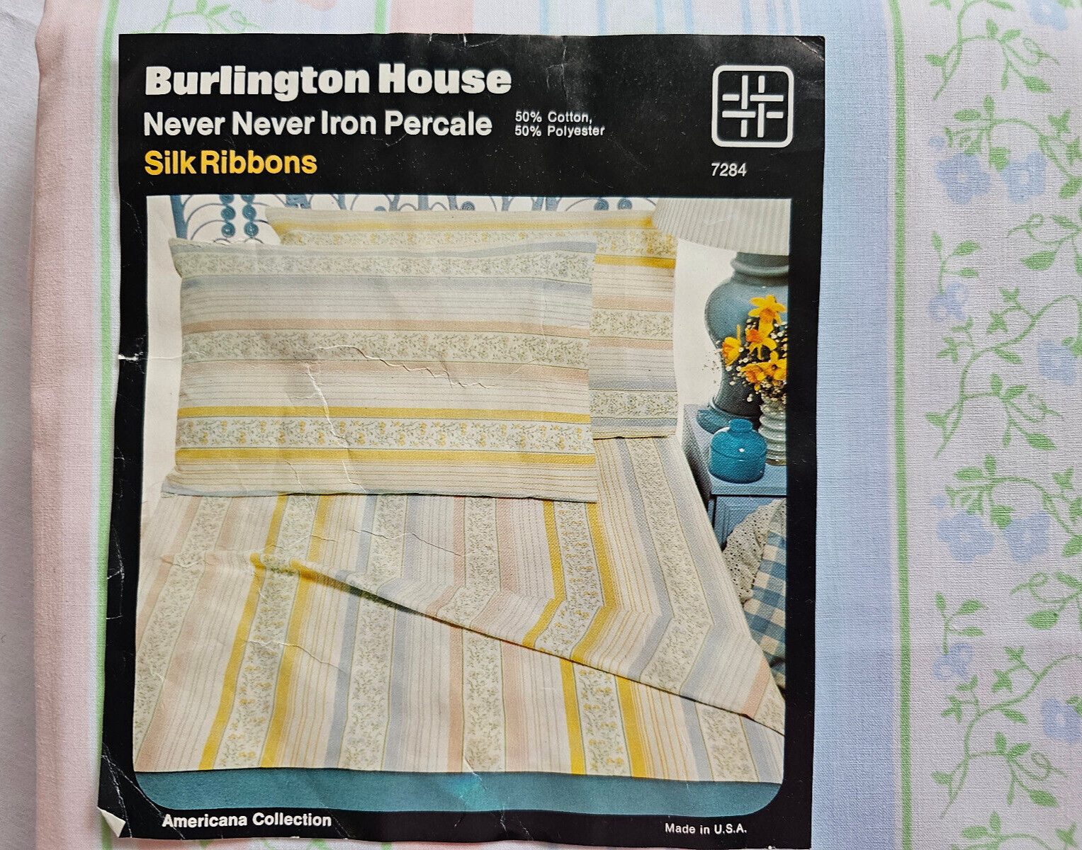 Vintage Silk Ribbons Fitted Sheet Queen Blue Peach Green Blend USA MCM gallery