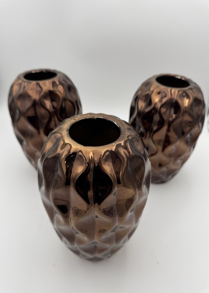 3 Brown Ceramic Vases 8” high